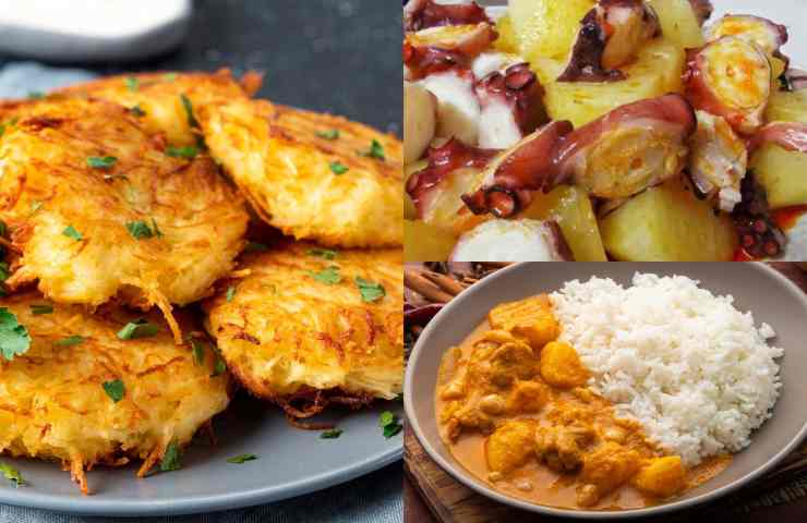 Frittelle di patate, pollo al curry e polpo e patate
