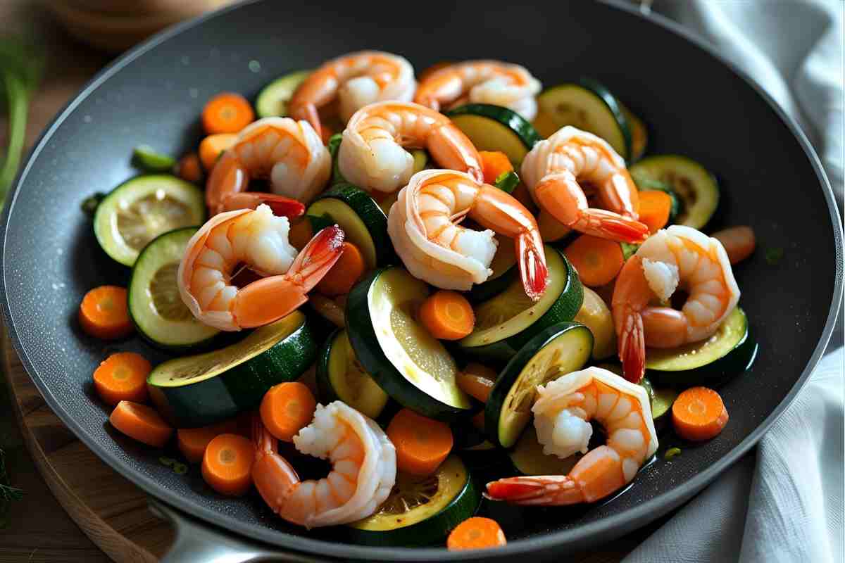 gamberi zucchine e carote in una padella