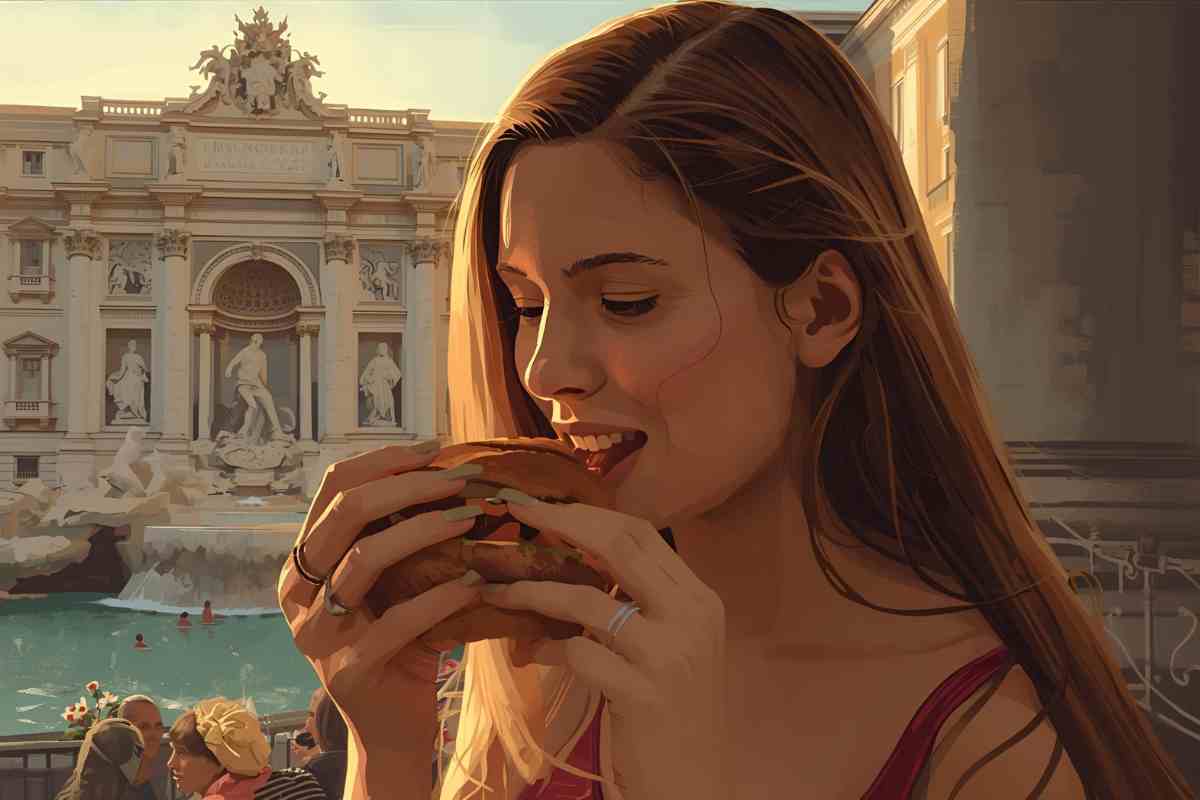 donna addenta un hamburger davanti alla fontana di trevi