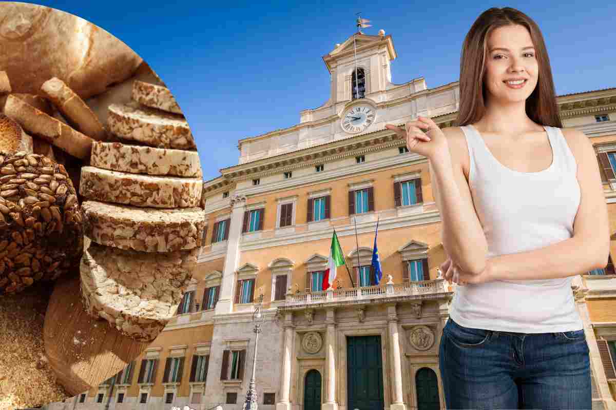 una donna indica il parlamento italiano e a lato alimenti gluten free