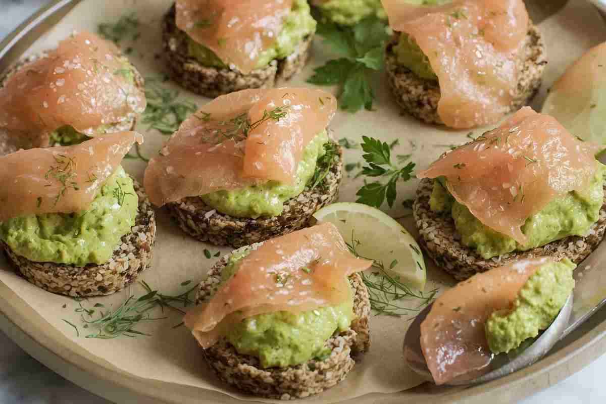 Tartine di grano saraceno con mousse di avocado e salmone