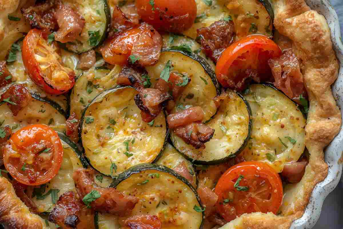 Torta salata senza glutine con zucchine, pomodorini e guanciale
