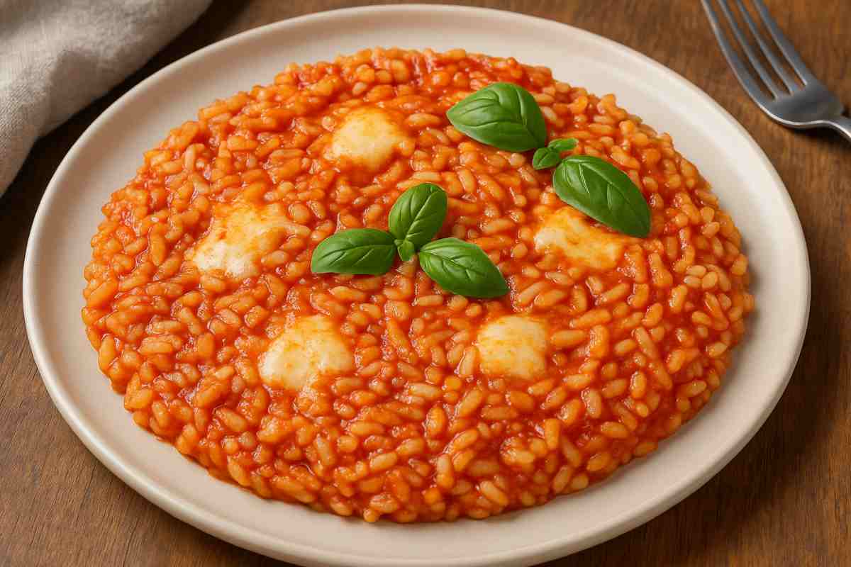 risotto pizzaiola con mozzarella e basilico