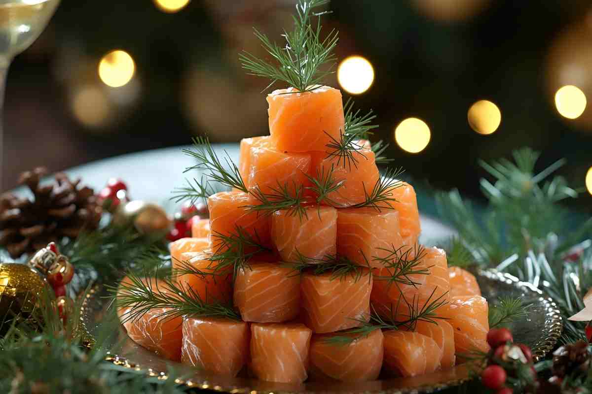 rotoli di salmone a formare un albero di natale