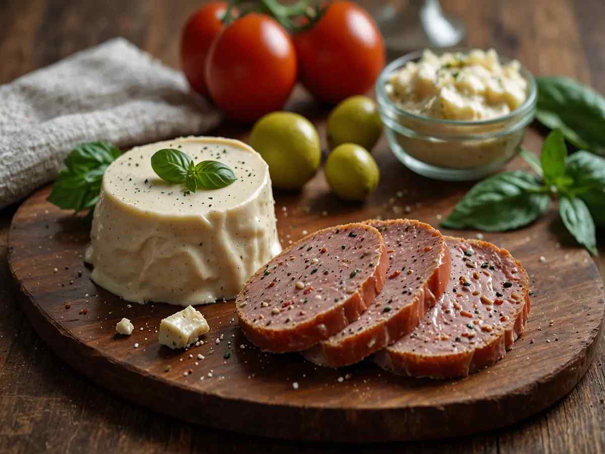 salame e patè di tonno su tagliere di legno